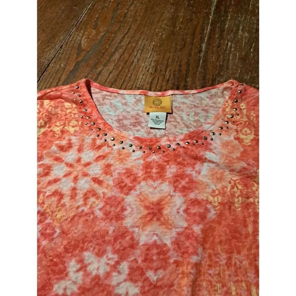 Ruby Rd Women’s XL Semi-Sheer Shirt 3/4 Bow Sleeve Studded Neck Pullover Top - Picture 3 of 6